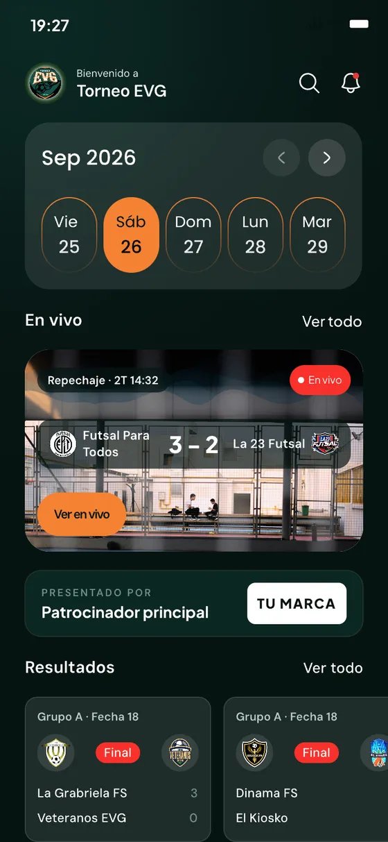 Pantalla de inicio de la app Torneo EVG con el partido en vivo y los resultados